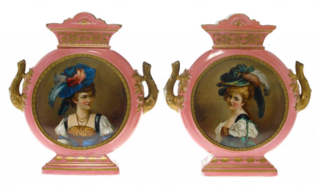 Appraisal: A PAIR OF FRENCH PINK GROUND MOON FLASKS painted by