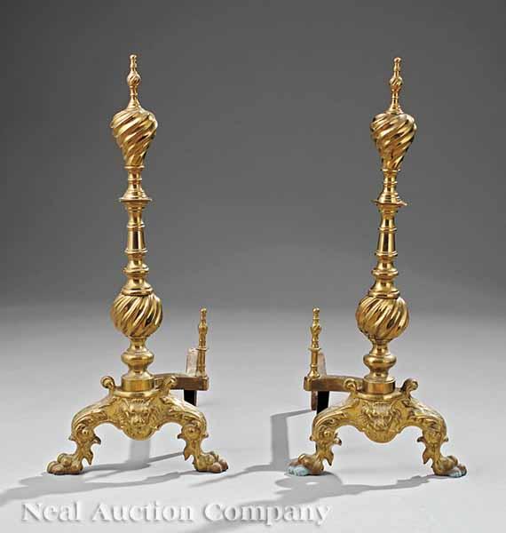 Appraisal: A Pair of Antique American Cast Brass and Iron Andirons