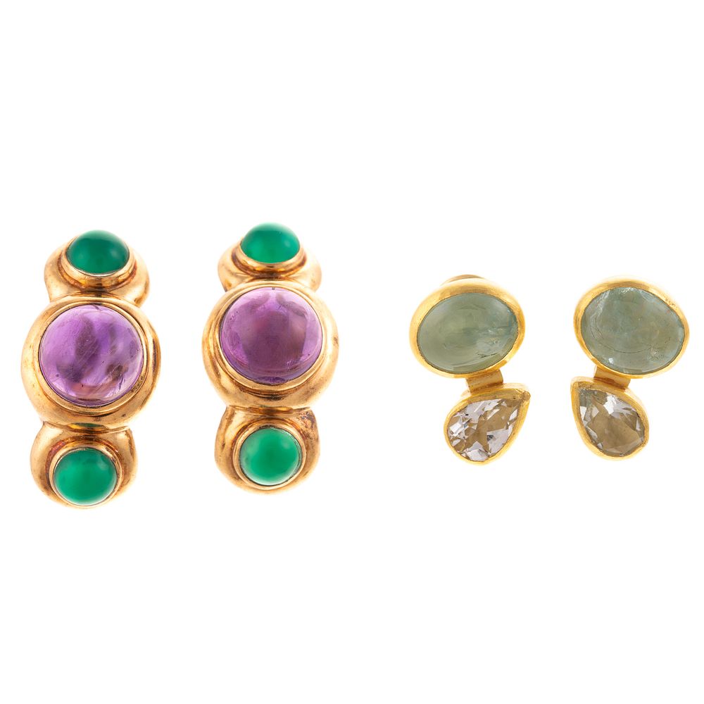 Appraisal: Two Pairs of Bezel Set Gemstone Earrings in Gold K