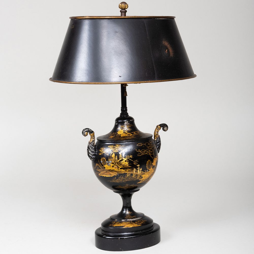 Appraisal: English Painted T le Urn Mounted as a Lamp and