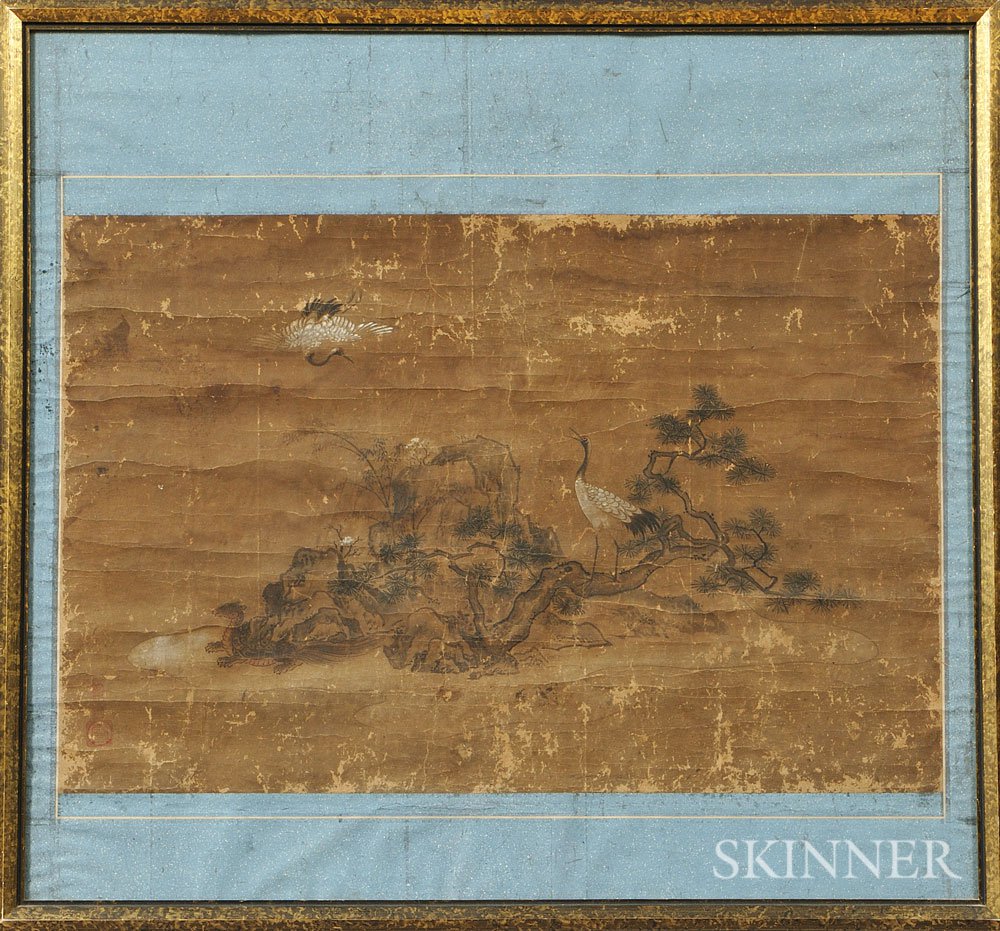 Appraisal: Longevity Painting Japan depicting a pair of cranes with pine