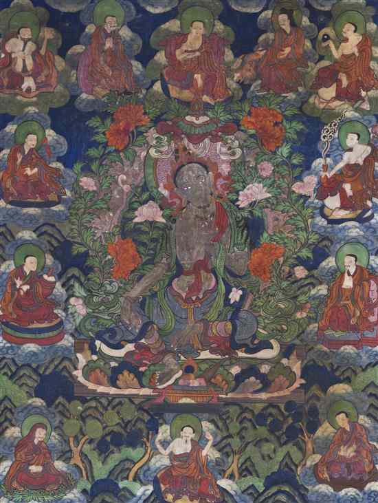 Appraisal: A Tibetan Thangka depicting the central deity surrounded by an