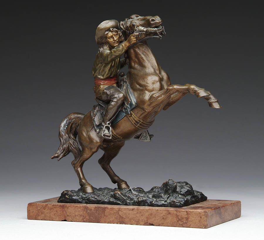 Appraisal: CARL KAUBA Austrian American - SCOUT ON REARING HORSE Polychrome