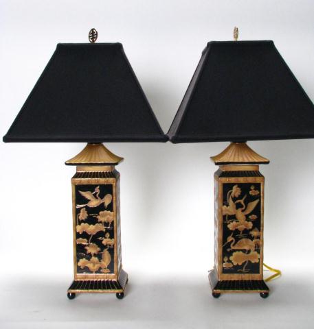 Appraisal: Pair of Ceramic Asian Motif Table Lamps Depicting Cranes