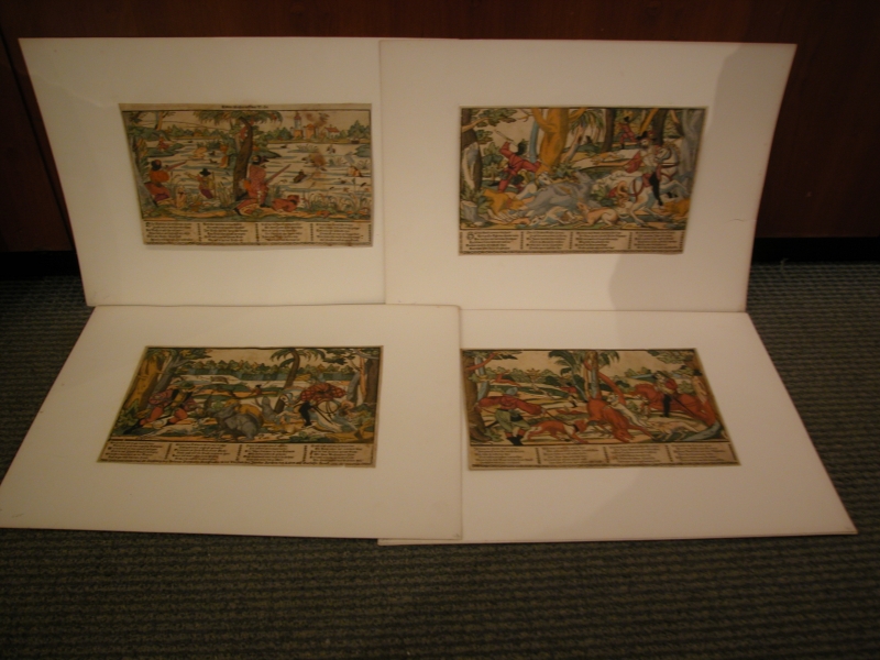 Appraisal: Group of Eight German Hand-colored Woodcut Hunting Prints likely Augsburg