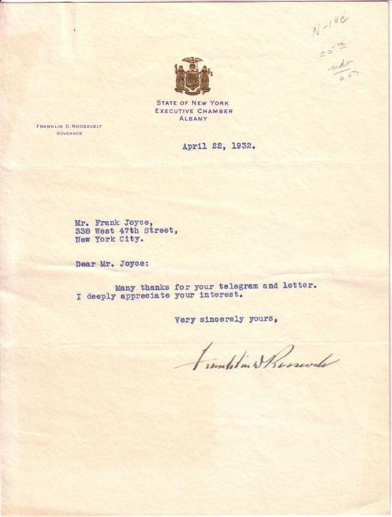 Appraisal: ROOSEVELT FRANKLIN D Brief Typed Letter Signed as Governor of