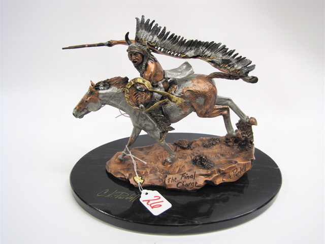 Appraisal: C A PARDELL POLYCHROME METAL SCULPTURE titled The Final Charge