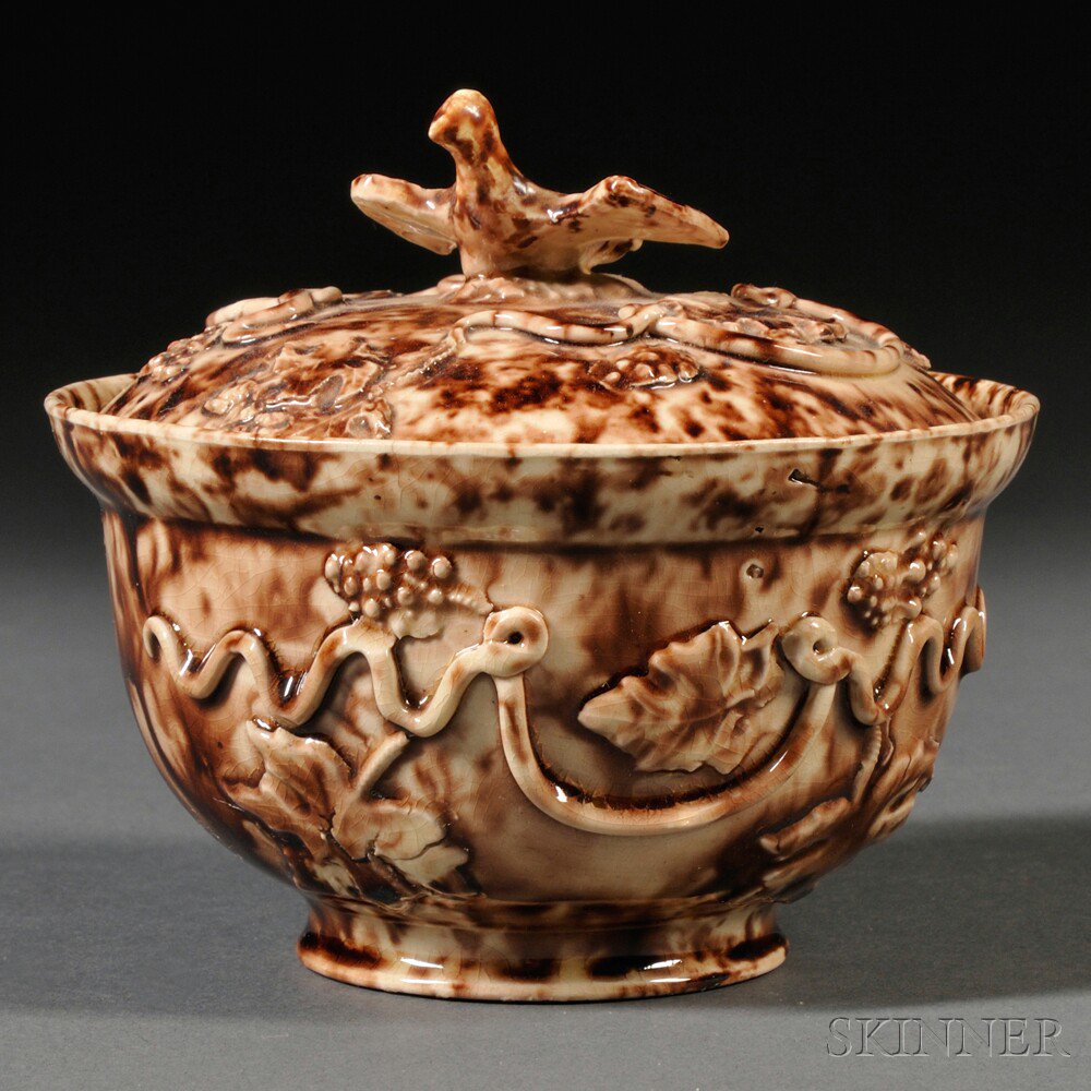 Appraisal: Staffordshire Cream-colored Earthenware Sugar Bowl and Cover England c bird