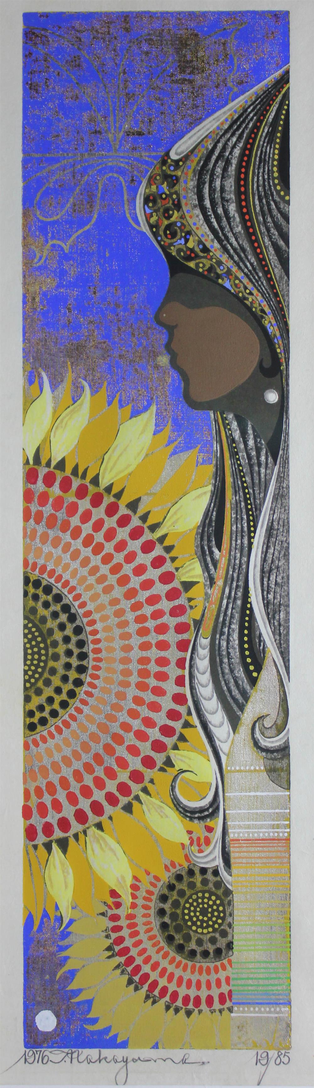 Appraisal: TADASHI NAKAYAMA JAPANESE - WOMAN IN PROFILE WITH SUNFLOWERS Woodcut