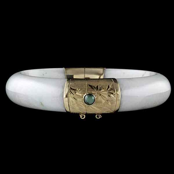 Appraisal: k White Jadeite Jade Hinged Bangle k yellow gold and