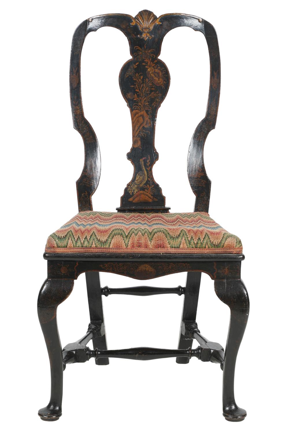 Appraisal: ENGLISH JAPANNED LACQUER SIDE CHAIRwith a worn needlework seat Condition