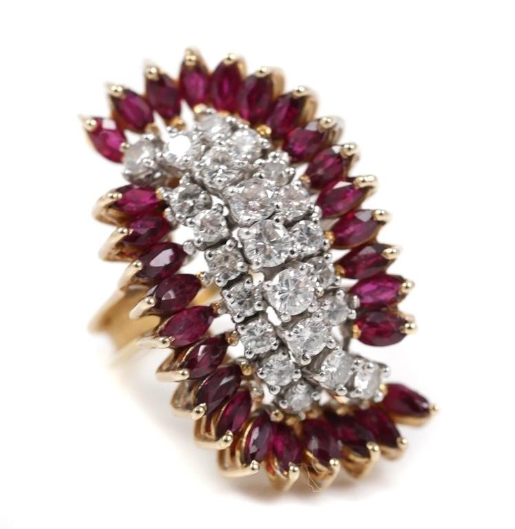 Appraisal: K GOLD DIAMOND RUBY RINGFabulous k yellow gold cocktail ring