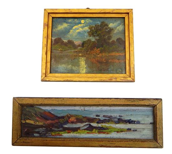 Appraisal: Two miniature oil paintings depicting coastal landscapes the first by