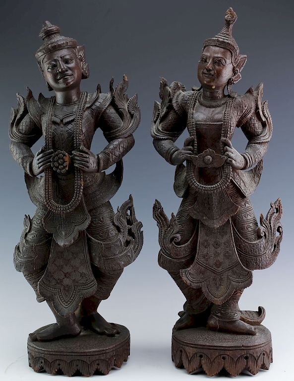 Appraisal: PR Antique Thai Siamese Carved Wood Art Sculptures Pair of