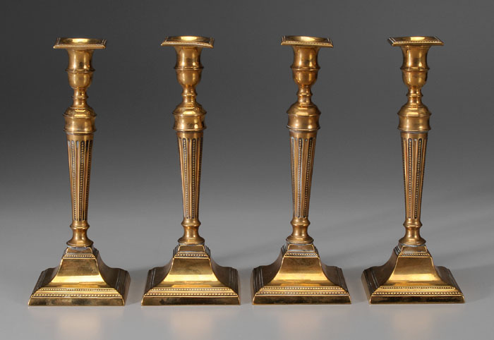 Appraisal: Set Four Brass Candlesticks English late th century tapered shafts