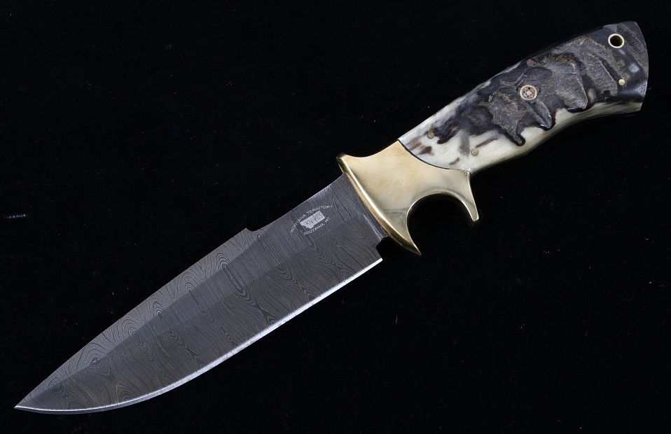 Appraisal: M T Knives of Bozeman Rams Horn Damascus Knife This