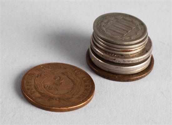 Appraisal: Selection of two-cent three-cent and five-cent pieces - comprising two