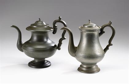 Appraisal: Two pewter coffeepots th century Of baluster form with domed