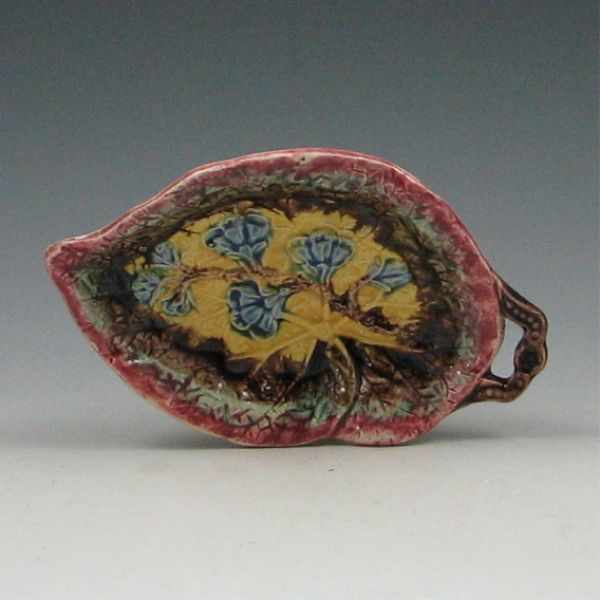 Appraisal: Majolica Flowered Begonia Leak Tray with Handle marked with hand