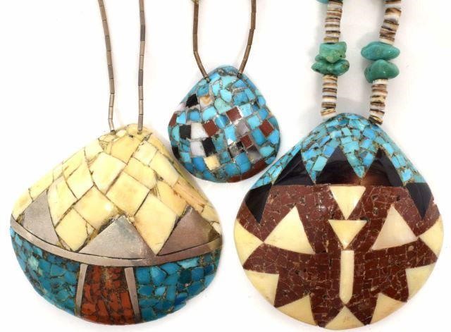 Appraisal: lot of Native American Pueblo necklaces with inlaid shell pendants