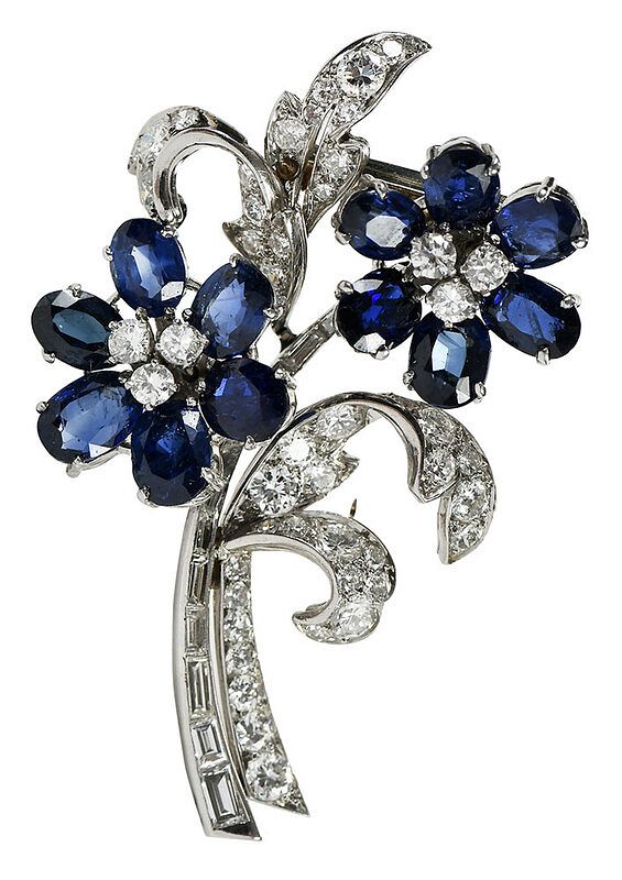 Appraisal: Marc Paris Platinum Diamond and Sapphire Brooch oval cut blue