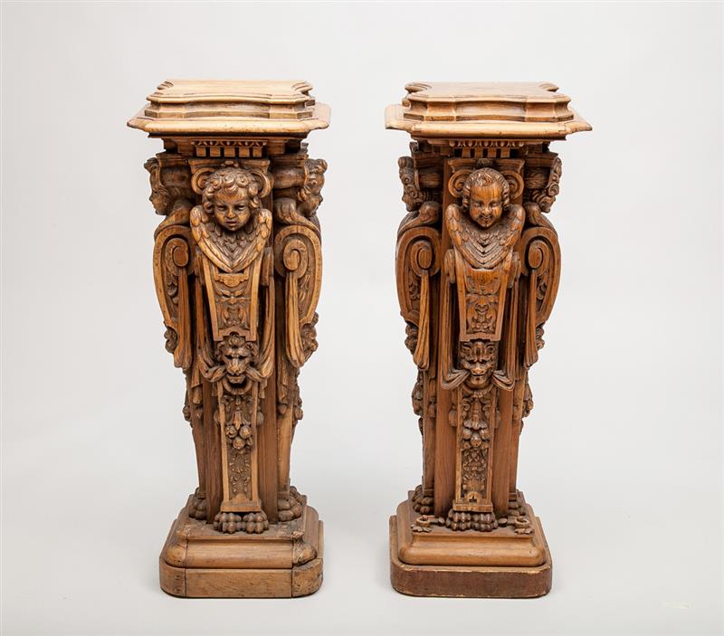 Appraisal: Pair of Baroque Style Carved Pinewood Pedestals With raised walnut