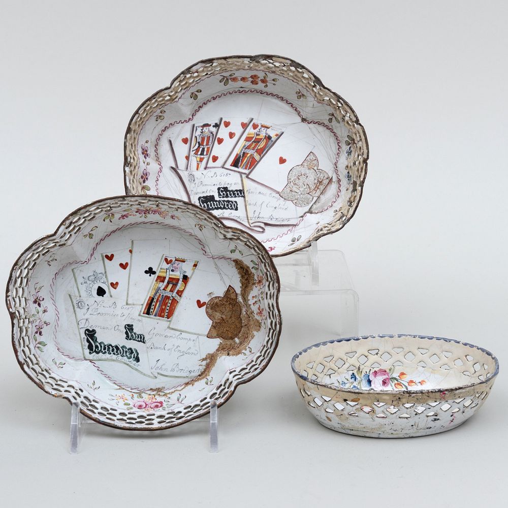 Appraisal: Pair of Staffordshire Enamel Trompe L'Oeil Pierced Baskets The pair