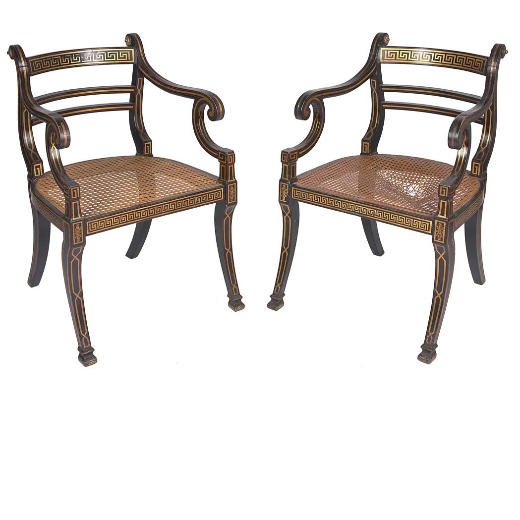 Appraisal: Pair of Regency Painted and Parcel Gilt Armchairs th Century