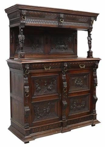 Appraisal: Flemish carved oak court cupboard late th c molded cornice