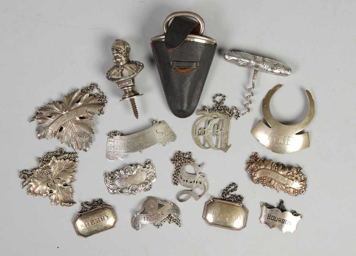 Appraisal: Silver wine labels corkscrews etc Silver wine labels corkscrews etc