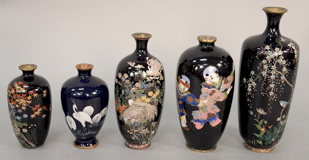 Appraisal: Group of five black Cloisonne enamel vases Japan th th