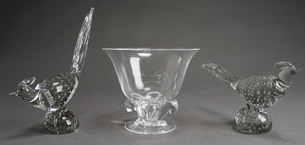 Appraisal: Steuben Crystal Pedestal Bowl and Pair Mid-Century Pheasant Figures Bowl