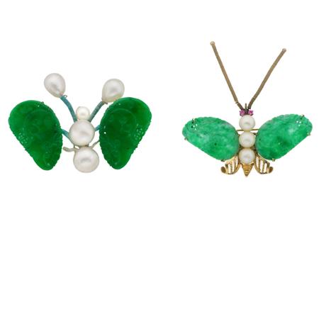 Appraisal: Gold Carved Jade and Cultured Pearl Butterfly Brooch and Pendant