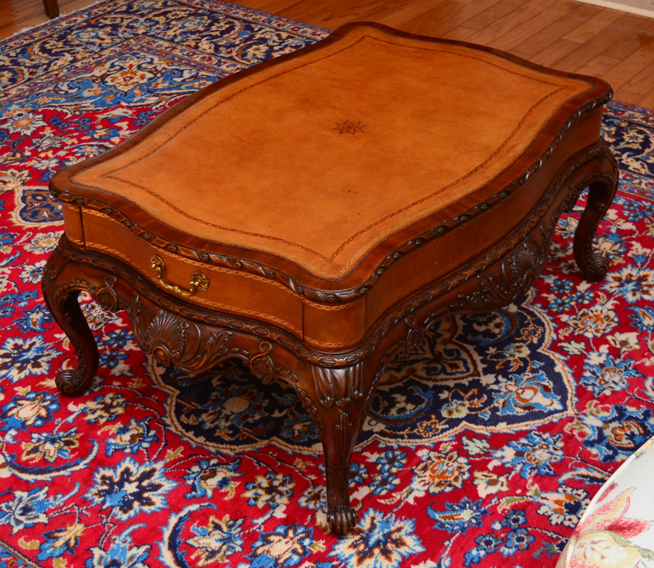 Appraisal: MAITLAND SMITH LEATHER TOP COFFEE TABLE Embossed inset leather shaped