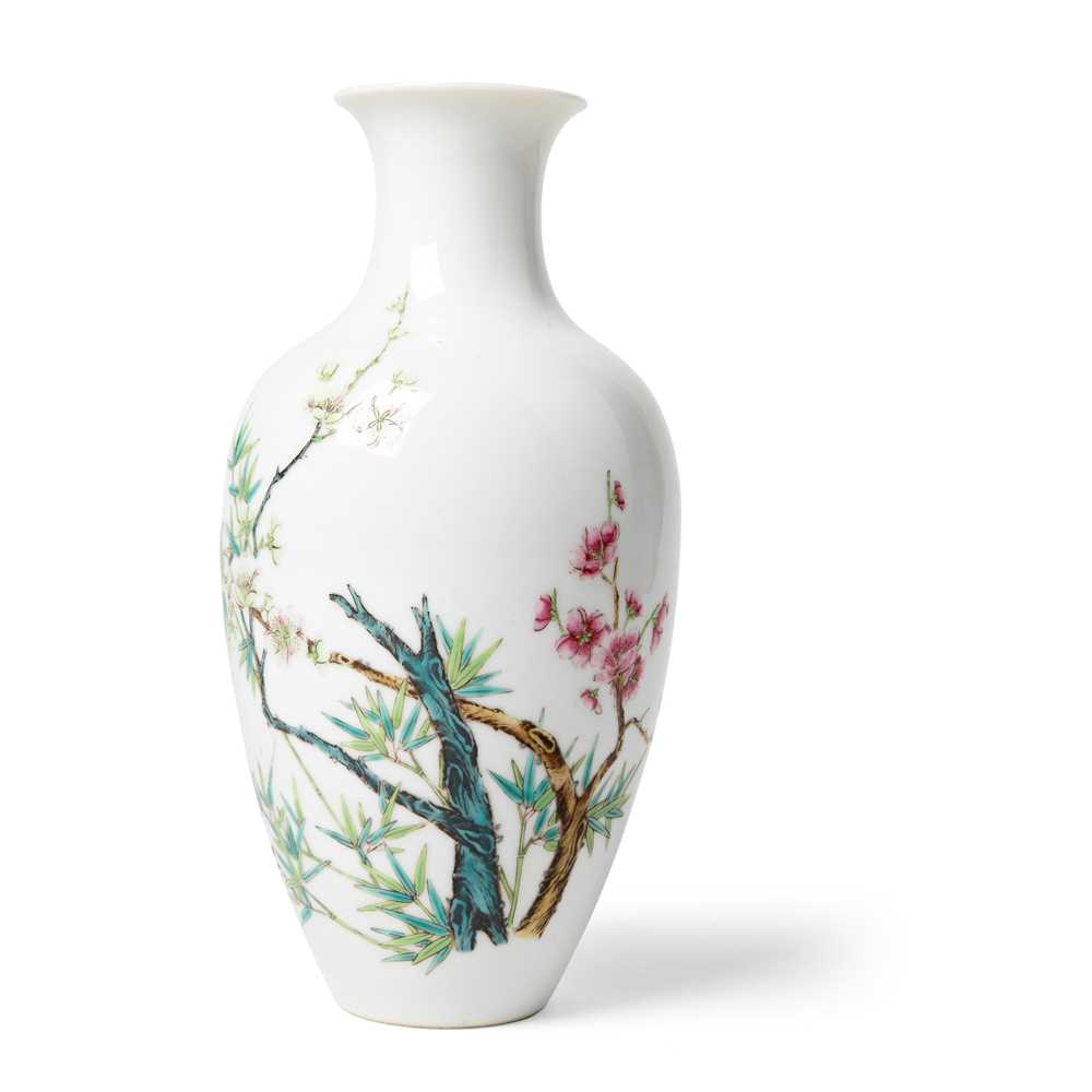 Appraisal: FAMILLE ROSE 'PRUNUS AND BAMBOO' VASE QIANLONG MARK BUT REPUBLIC