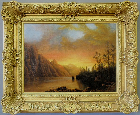 Appraisal: - Oil on canvas painting of a sunset landscape with