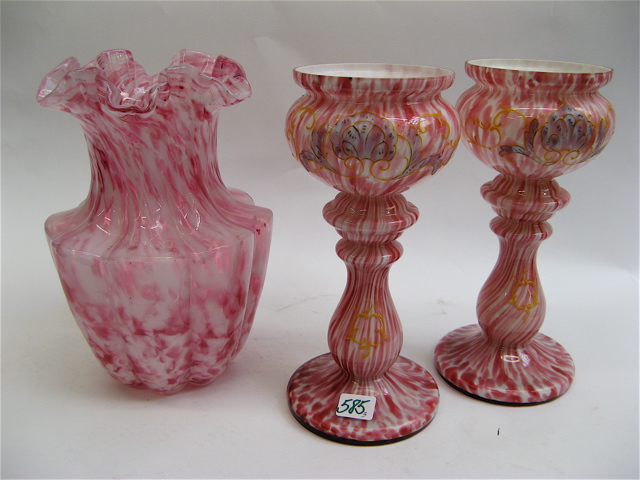 Appraisal: THREE SPATTER GLASS DECORATIVE ITEMS pair of urns pink and