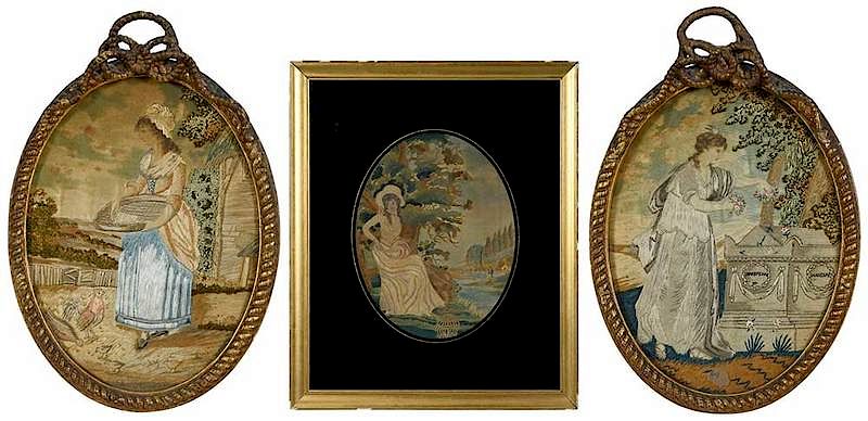 Appraisal: Three Framed Oval Silk Embroideries British late th early th