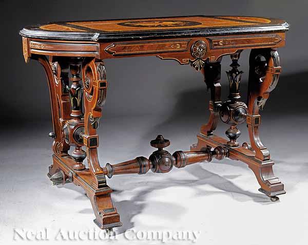 Appraisal: An American Neo-Grec Marquetry Ebonized and Gilt-Incised Walnut Library Table