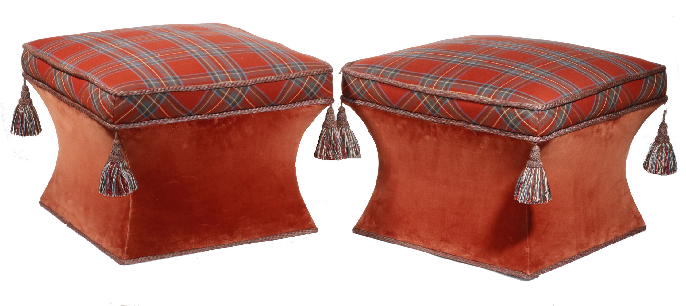 Appraisal: PR RED TARTAN OTTOMANS BY BAKER FURNITURE Pair of Square