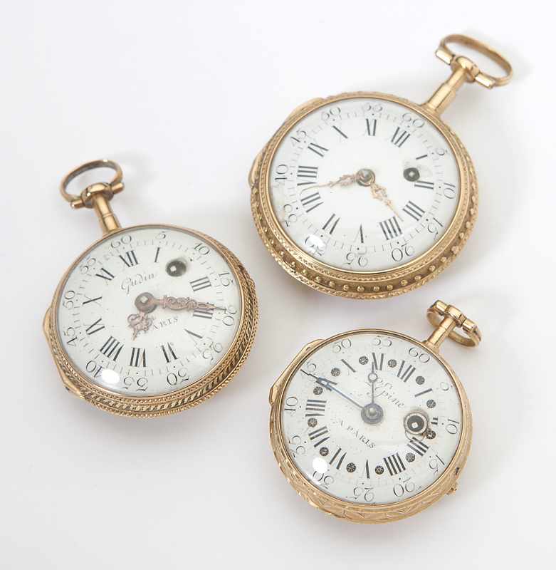 Appraisal: Three French gold fusee pocket watches Each with circular open