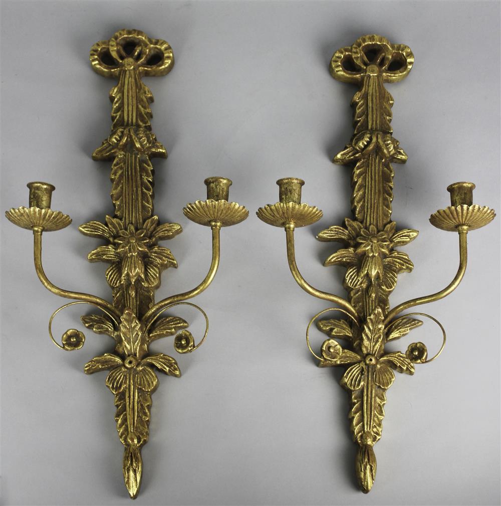 Appraisal: PAIR OF CLASSICAL STYLE TWO-CANDLE BRASS SCONCES gold painted bow