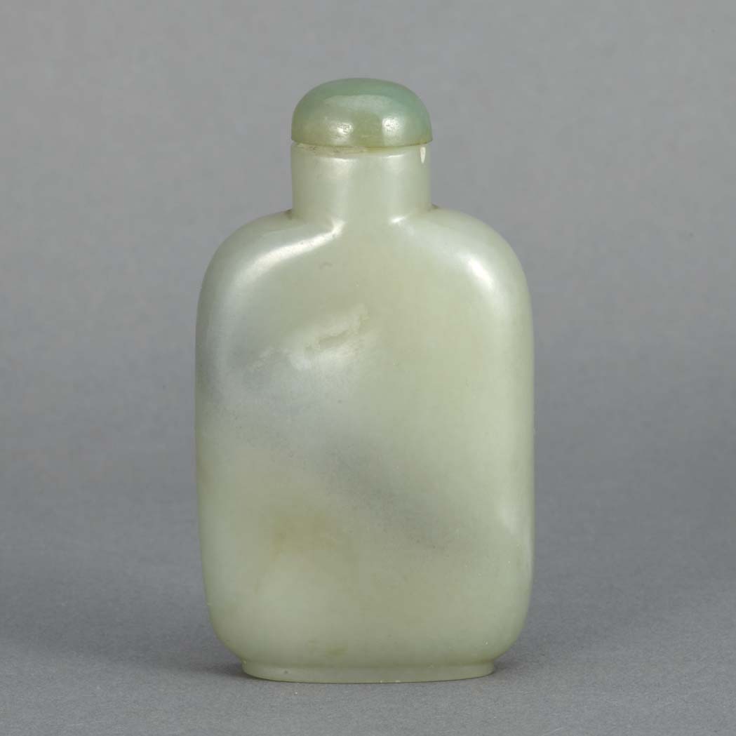 Appraisal: Chinese Celadon Jade Snuff Bottle th Century The compressed rectangular