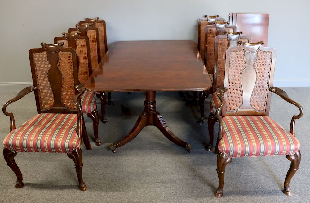 Appraisal: BAKER Signed Mahogany Banded Table Leaves And Cane Back Side