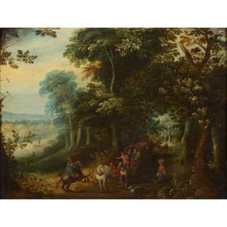 Appraisal: Circle of Jan Breughel I Woodland scene with travelers in