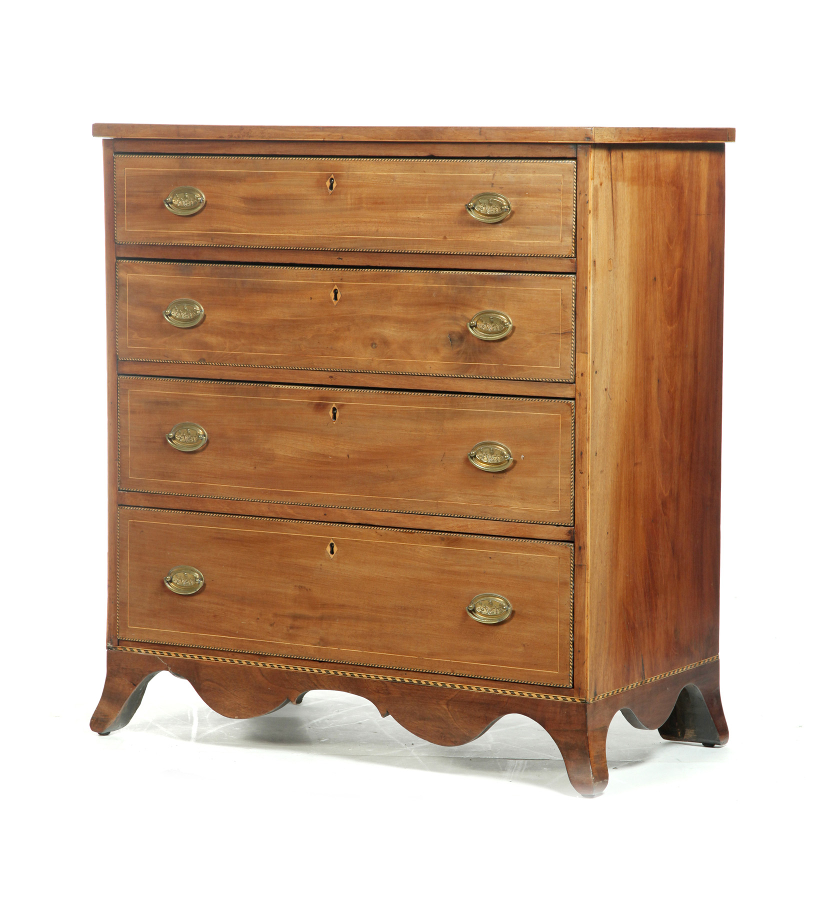 Appraisal: DIMINUTIVE HEPPLEWHITE FRENCH FOOT FOUR-DRAWER CHEST Mahogany inlays with dovetailed