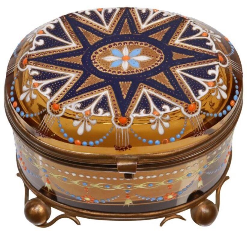 Appraisal: Bohemian Moser style enameled glass casket late th c amber-colored