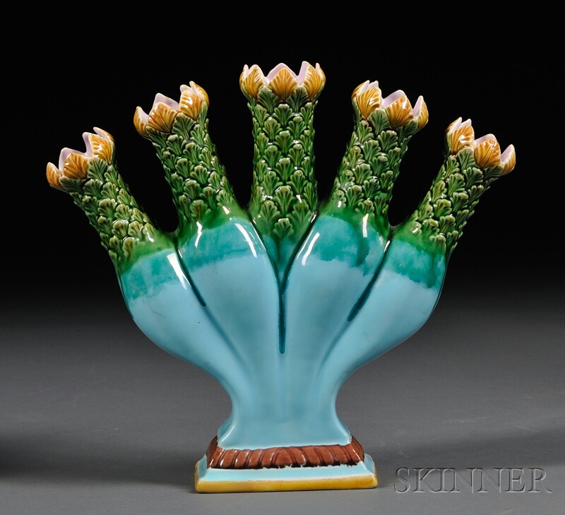 Appraisal: Minton Majolica Tulipiere England c - with five foliate stem