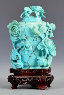 Appraisal: Qing Carved Turquoise Snuff Bottle Large turquoise snuff bottle with