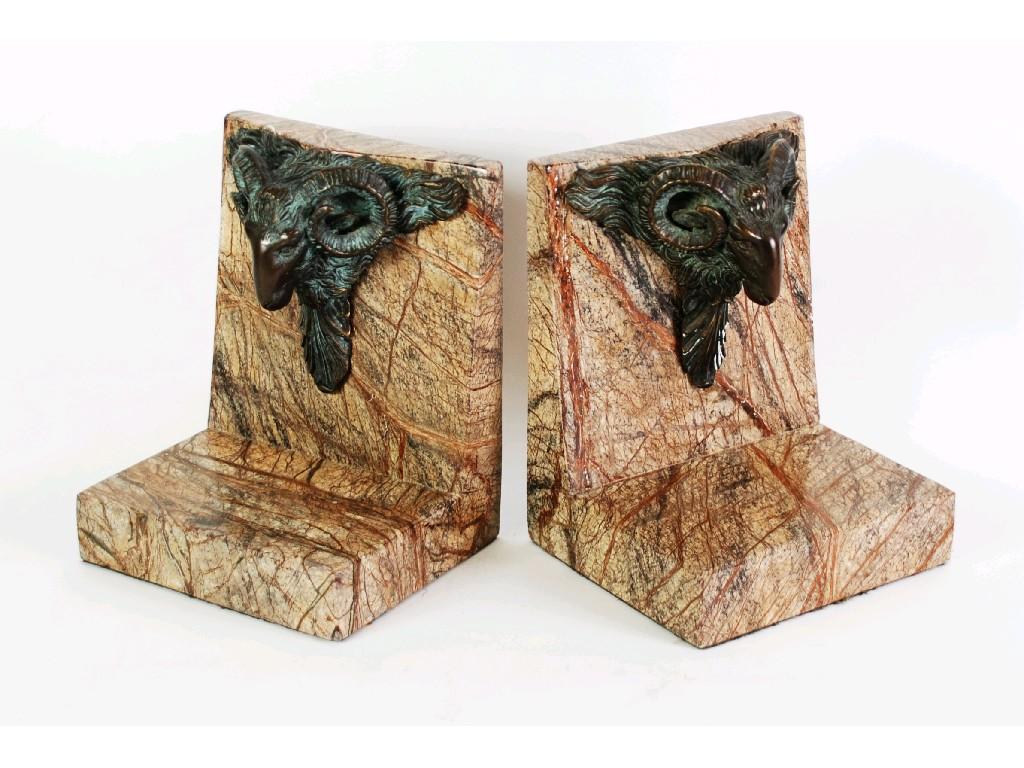 Appraisal: PAIR OF VEINED GRANITE AND PATINATED BRONZE BOOKENDS typical form